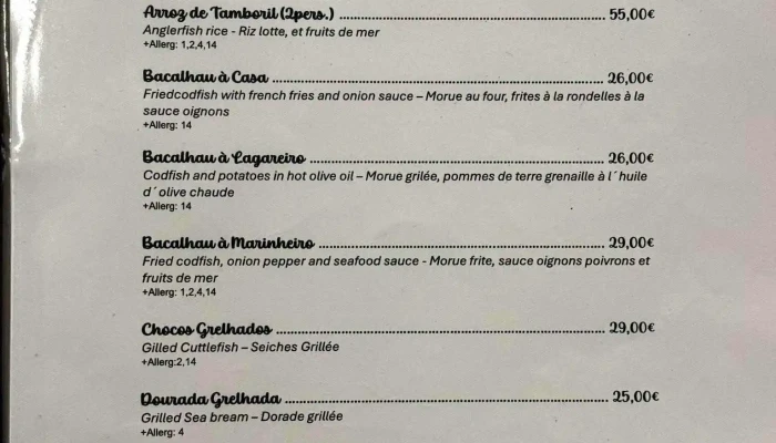 Costa Nova -  Speisekarte - Luxemburg