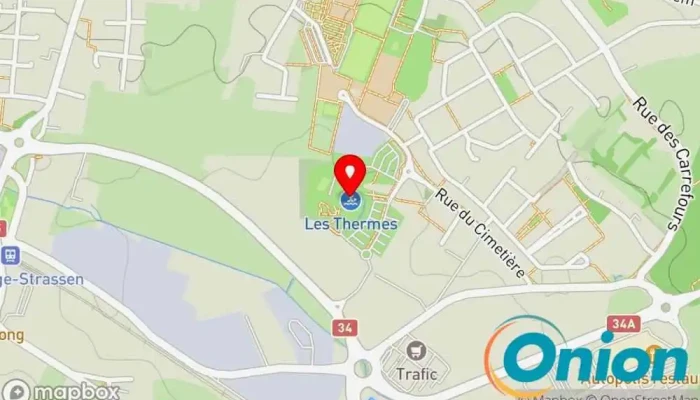 Kaart vun Les Thermes Wassersportanlage, Bäderstudio, Fitnessraum, Hamam, Masseur, Öffentliches Schwimmbad, Sauna, Schwimmverein, Schwimmbad, Schwimmschule zu Strassen