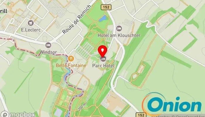 Kaart vun Mondorf Parc Hôtel & Spa Hotel, Funktionshalle, Fitnessraum, Französisches Restaurant mit Haute Cuisine, Institut de massages, Sauna, Wellness-Center, Hochzeitsräumlichkeit, Wellnesshotel zu Bad Mondorf